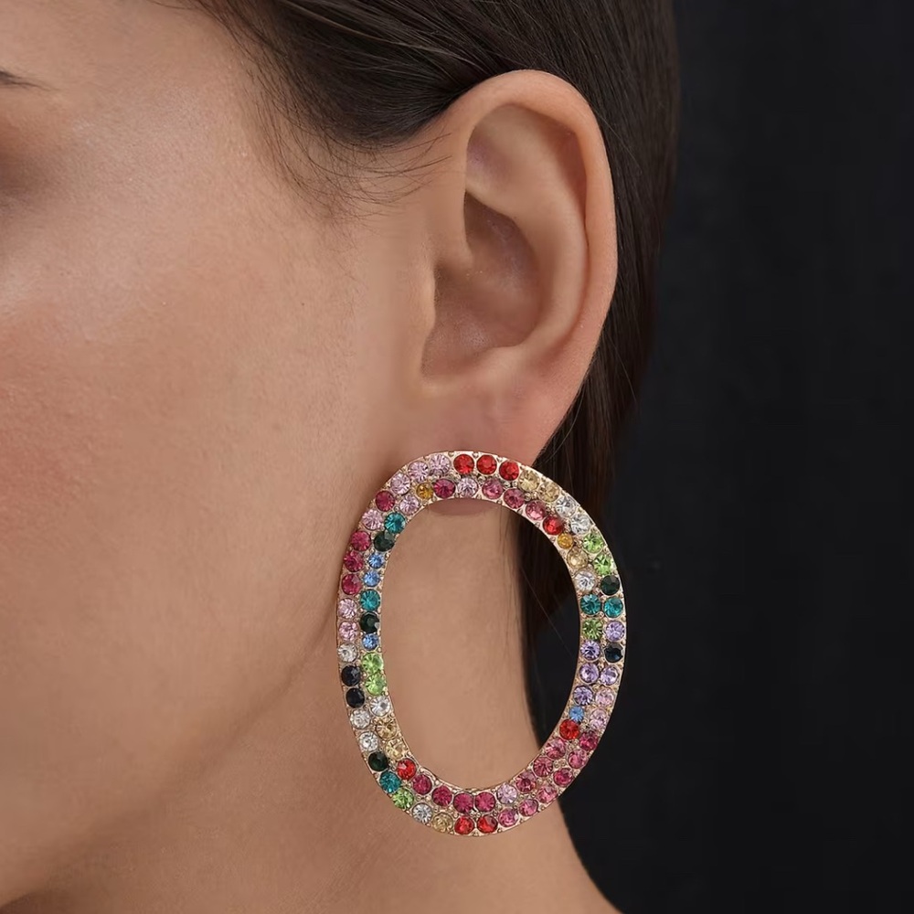 Multicolor Crystal Hoop Earrings in Rosetone